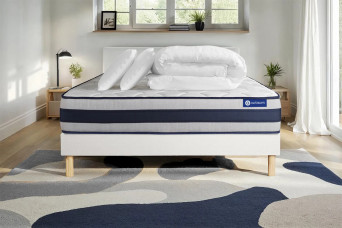 Pack lit complet 140x200 cm - Matelas + Sommier Blanc (en kit) + 2 oreillers + Couette - Actimemo Ergo
