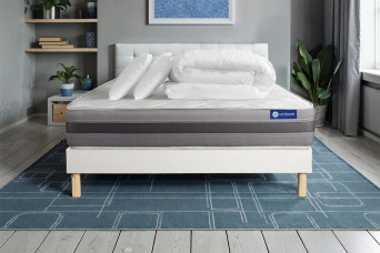 Pack lit complet 140x200 cm - Matelas + Sommier Blanc (en kit) + 2 oreillers + Couette - Actimemo Relax