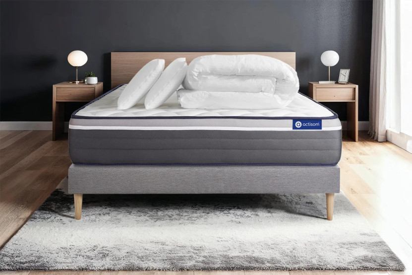 Pack lit complet 180x200 cm - Matelas + Sommier Gris (en kit) + 2 oreillers + Couette - Actiflex Plus