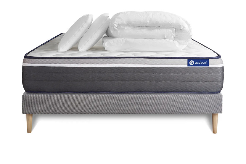 Pack lit complet 140x200 cm - Matelas + Sommier Gris (en kit) + 2 oreillers + Couette - ActiMemo Plus