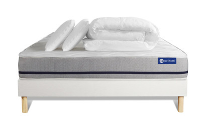 Pack lit complet 180x200 cm - Matelas + Sommier Blanc (en kit) + 2 oreillers + Couette - Actilatex Soft