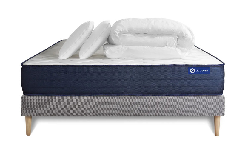 Pack lit complet 200x200 cm - Matelas + Sommier Gris (en kit) + 2 oreillers + Couette - Actimemo Life