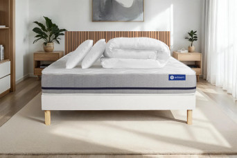 Pack lit complet 180x200 cm - Matelas + Sommier Blanc (en kit) + 2 oreillers + Couette - Actimemo Soft