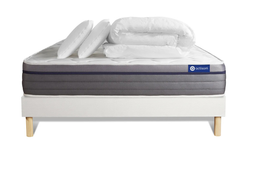 Pack lit complet 200x200 cm - Matelas + Sommier Blanc (en kit) + 2 oreillers + Couette - Actilatex Zen