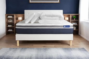 Pack lit complet 160x200 cm - Matelas + Sommier Blanc (en kit) + 2 oreillers + Couette - Actimemo Confort