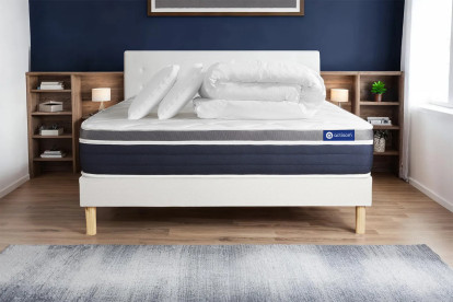 Pack lit complet 160x200 cm - Matelas + Sommier Blanc (en kit) + 2 oreillers + Couette - Actimemo Confort