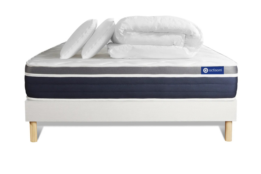 Pack lit complet 180x200 cm - Matelas + Sommier Blanc (en kit) + 2 oreillers + Couette - Actilatex Confort