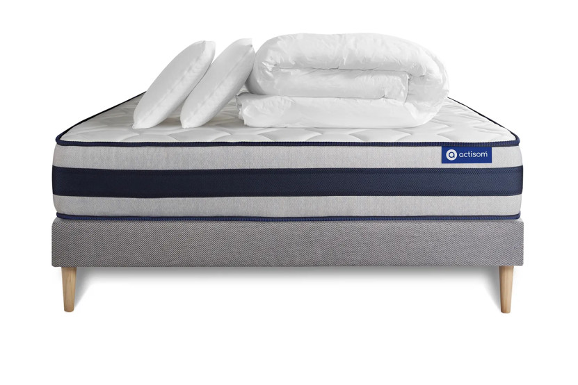 Pack lit complet 140x200 cm - Matelas + Sommier Gris (en kit) + 2 oreillers + Couette - Actiflex Ergo