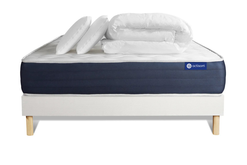 Pack lit complet 140x190 cm - Matelas + Sommier Blanc (en kit) + 2 oreillers + Couette - Actilatex Sleep