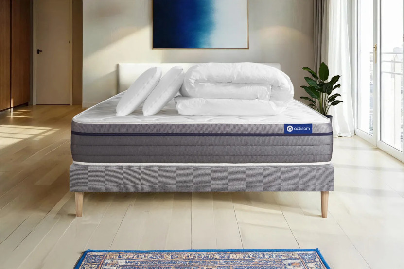 Pack lit complet 140x190 cm - Matelas + Sommier Gris (en kit) + 2 oreillers + Couette - Actilatex Zen
