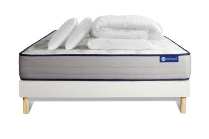 Pack lit complet 140x200 cm - Matelas + Sommier Blanc (en kit) + 2 oreillers + Couette - Actilatex Form