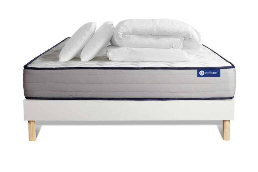 Pack lit complet 140x200 cm - Matelas + Sommier Blanc (en kit) + 2 oreillers + Couette - Actilatex Form