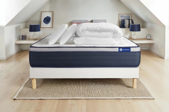 Pack lit complet 140x200 cm - Matelas + Sommier Blanc (en kit) + 2 oreillers + Couette - Actimemo Max