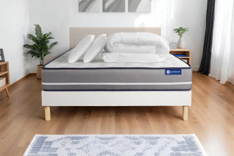 Pack lit complet 180x200 cm - Matelas + Sommier Blanc (en kit) + 2 oreillers + Couette - Actimemo Pur