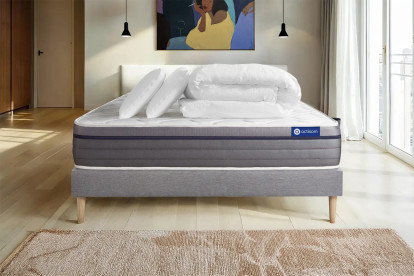 Pack lit complet 140x200 cm - Matelas + Sommier Gris (en kit) + 2 oreillers + Couette - ActiMemo Zen