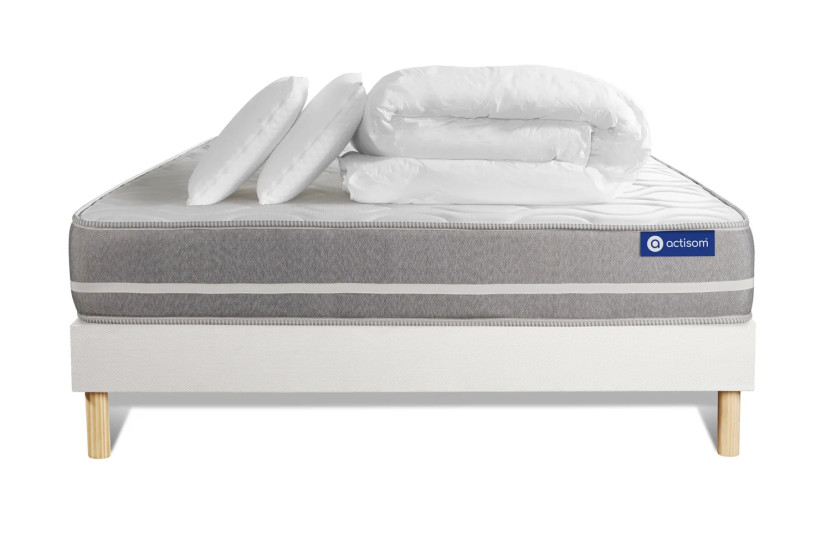 Pack lit complet 140x200 cm - Matelas + Sommier Blanc (en kit) + 2 oreillers + Couette - Actilatex Touch