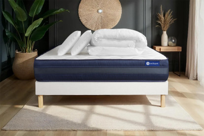 Pack lit complet 160x200 cm - Matelas + Sommier Blanc (en kit) + 2 oreillers + Couette - Actiflex Tech