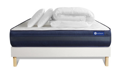 Pack lit complet 160x200 cm - Matelas + Sommier Blanc (en kit) + 2 oreillers + Couette - Actimemo Tech