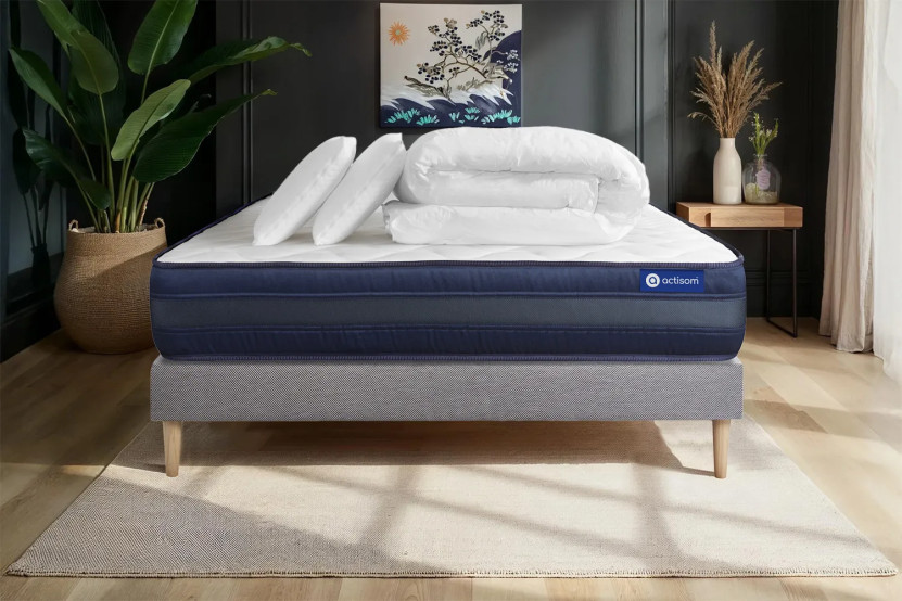 Pack lit complet 200x200 cm - Matelas + Sommier Gris (en kit) + 2 oreillers + Couette - Actilatex Tech