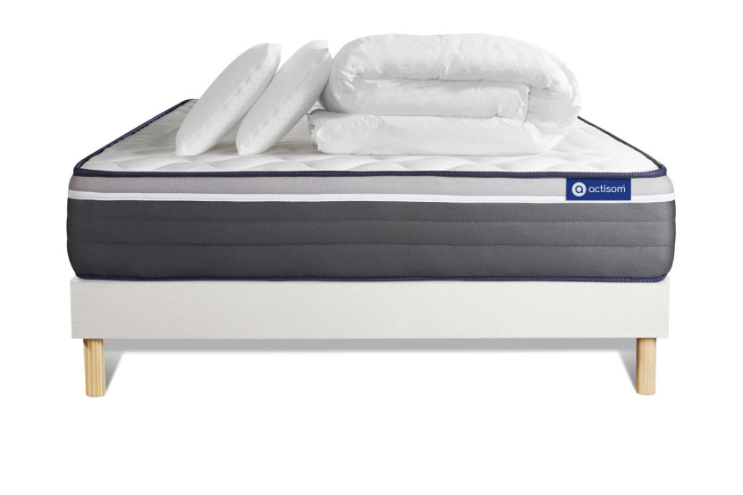 Pack lit complet 140x200 cm - Matelas + Sommier Blanc (en kit) + 2 oreillers + Couette - Actiflex Plus
