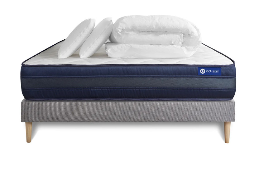 Pack lit complet 180x200 cm - Matelas + Sommier Gris (en kit) + 2 oreillers + Couette - Actiflex Tech