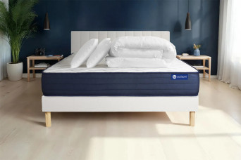 Pack lit complet 160x200 cm - Matelas + Sommier Blanc (en kit) + 2 oreillers + Couette - Actimemo Life
