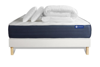 Pack lit complet 200x200 cm - Matelas + Sommier Blanc (en kit) + 2 oreillers + Couette - Actiflex Sleep
