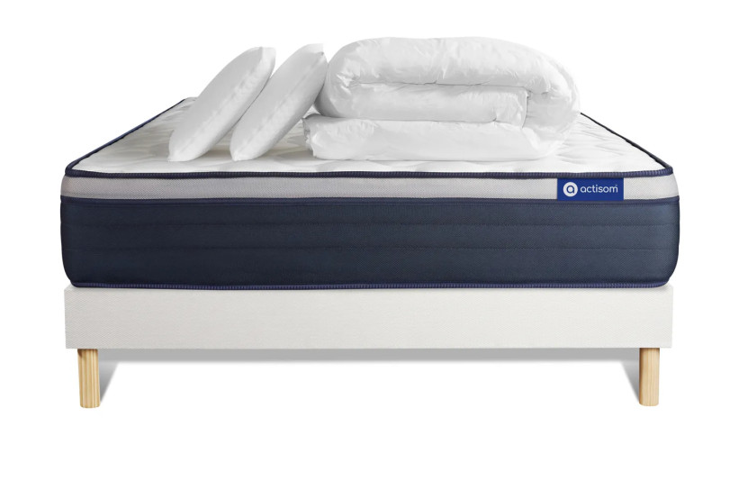 Pack lit complet 180x200 cm - Matelas + Sommier Blanc (en kit) + 2 oreillers + Couette - Actiflex Max