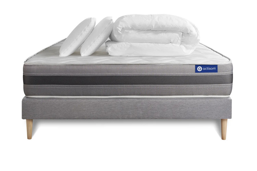 Pack lit complet 180x200 cm - Matelas + Sommier Gris (en kit) + 2 oreillers + Couette - Actilatex Relax