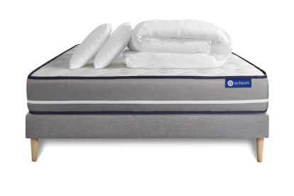 Pack lit complet 200x200 cm - Matelas + Sommier Gris (en kit) + 2 oreillers + Couette - Actimemo Pur