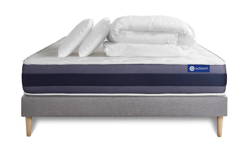 Pack lit complet 200x200 cm - Matelas + Sommier Gris (en kit) + 2 oreillers + Couette - Actimemo Morpho
