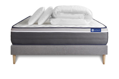 Pack lit complet 200x200 cm - Matelas + Sommier Gris (en kit) + 2 oreillers + Couette - Actilatex Plus