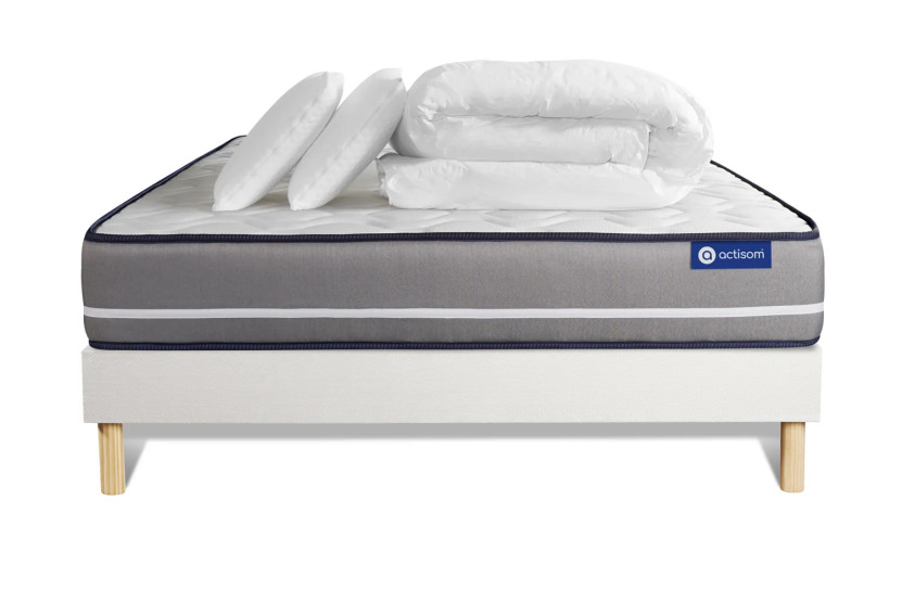 Pack lit complet 180x200 cm - Matelas + Sommier Blanc (en kit) + 2 oreillers + Couette - Actiflex Pur