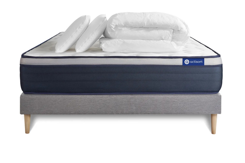 Pack lit complet 140x190 cm - Matelas + Sommier Gris (en kit) + 2 oreillers + Couette - Actilatex Max