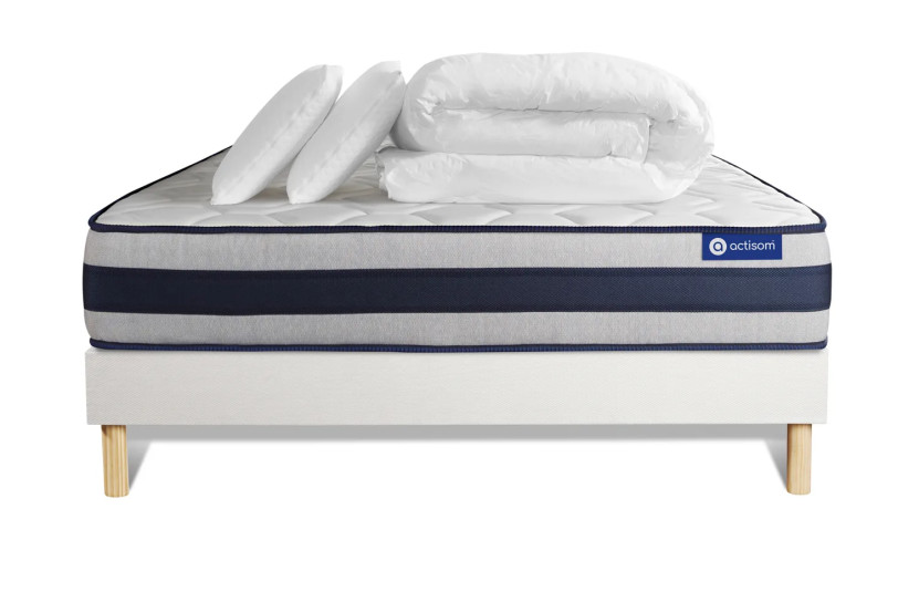 Pack lit complet 140x190 cm - Matelas + Sommier Blanc (en kit) + 2 oreillers + Couette - Actimemo Ergo