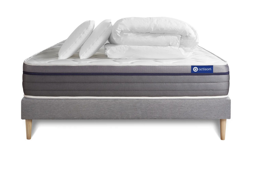 Pack lit complet 140x200 cm - Matelas + Sommier Gris (en kit) + 2 oreillers + Couette - Actilatex Zen