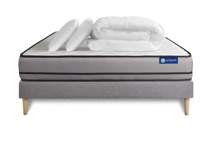 Pack lit complet 160x200 cm - Matelas + Sommier Gris (en kit) + 2 oreillers + Couette - Actiflex Night