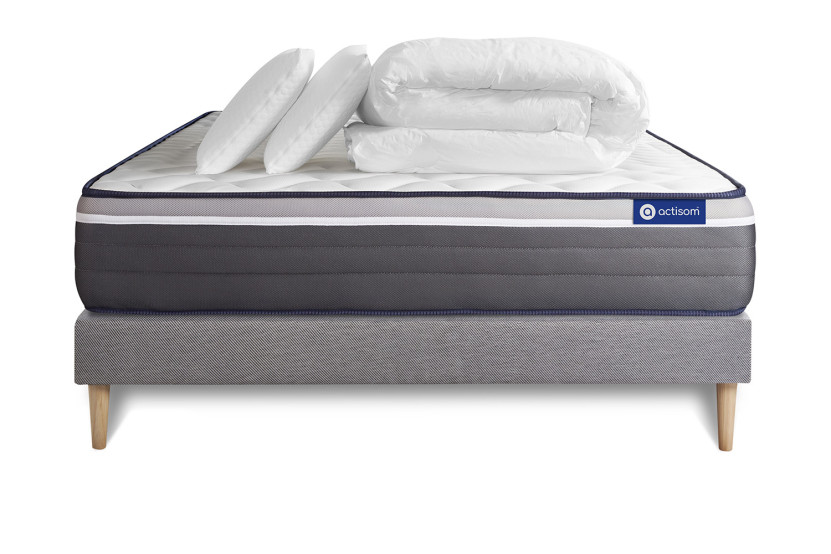 Pack lit complet 140x190 cm - Matelas + Sommier Gris (en kit) + 2 oreillers + Couette - Actiflex Plus