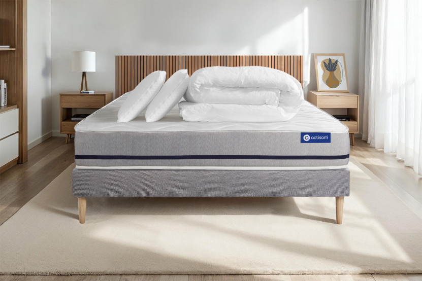 Pack lit complet 140x200 cm - Matelas + Sommier Gris (en kit) + 2 oreillers + Couette - Actilatex Soft