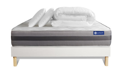 Pack lit complet 160x200 cm - Matelas + Sommier Blanc (en kit) + 2 oreillers + Couette - Actiflex Relax