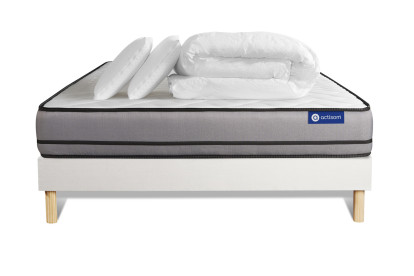 Pack lit complet 200x200 cm - Matelas + Sommier Blanc (en kit) + 2 oreillers + Couette - Actiflex Night