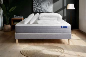 Pack lit complet 180x200 cm - Matelas + Sommier Gris (en kit) + 2 oreillers + Couette - Actimemo Dream
