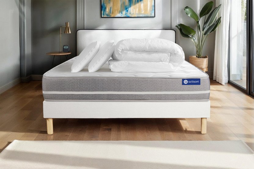 Pack lit complet 140x190 cm - Matelas + Sommier Blanc (en kit) + 2 oreillers + Couette - Actimemo Touch