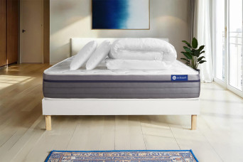 Pack lit complet 140x200 cm - Matelas + Sommier Blanc (en kit) + 2 oreillers + Couette - Actilatex Zen