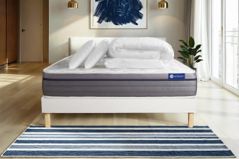 Pack lit complet 140x200 cm - Matelas + Sommier Blanc (en kit) + 2 oreillers + Couette - Actiflex Zen