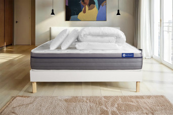 Pack lit complet 180x200 cm - Matelas + Sommier Blanc (en kit) + 2 oreillers + Couette - ActiMemo Zen