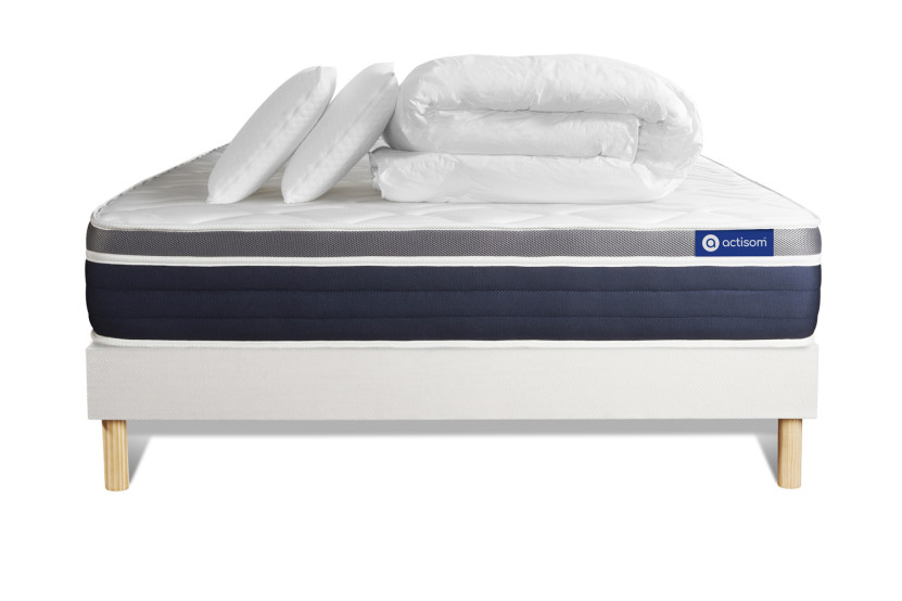 Pack lit complet 140x190 cm - Matelas + Sommier Blanc (en kit) + 2 oreillers + Couette - Actiflex Confort