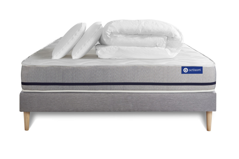 Pack lit complet 180x200 cm - Matelas + Sommier Gris (en kit) + 2 oreillers + Couette - Actiflex Soft