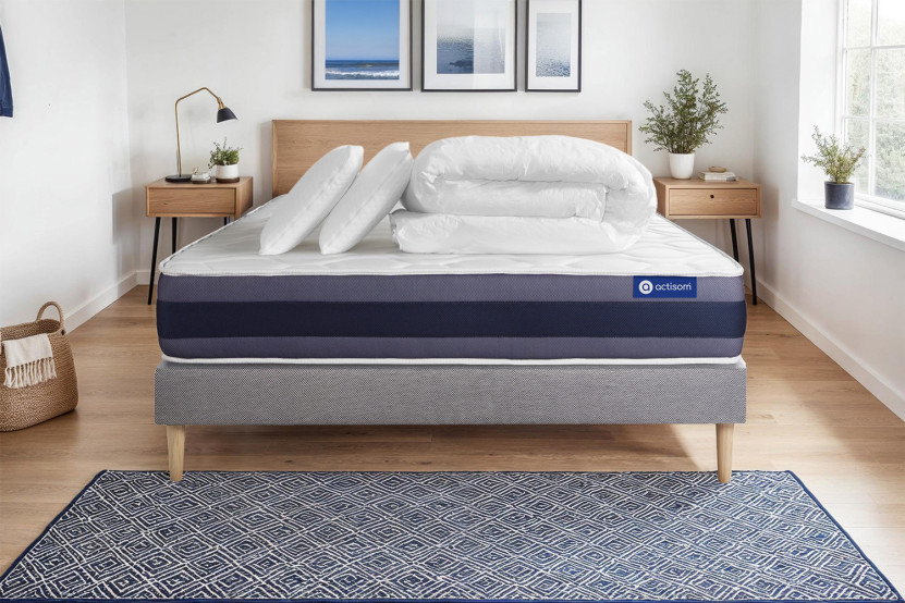Pack lit complet 180x200 cm - Matelas + Sommier Gris (en kit) + 2 oreillers + Couette - Actiflex Morpho
