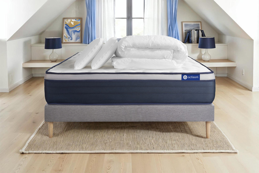 Pack lit complet 140x200 cm - Matelas + Sommier Gris (en kit) + 2 oreillers + Couette - Actilatex Max